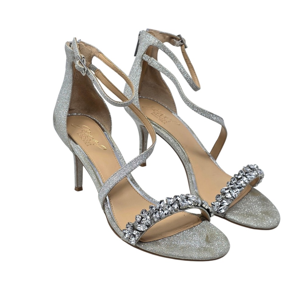 Badgley Mischka Silver Glitter Crystal Embellished Ankle Strap Heels Women 7